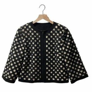 St. John Black Cropped Zip Up Frayed Quilt Style Jacket